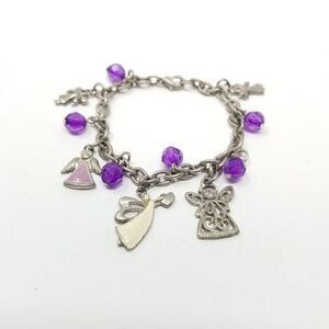 Vintage Angel Charm and Purple Beaded Silver Tone Charm Bracelet, Estate